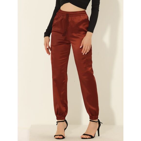 Satin Joggers Drawstring Elastic High Waist Silky Cargo Pants Brown - Picture 2 of 5